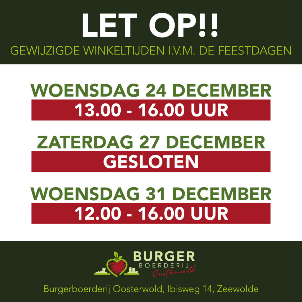 gewijzigde winkeltijden ivm feestdagen 2025